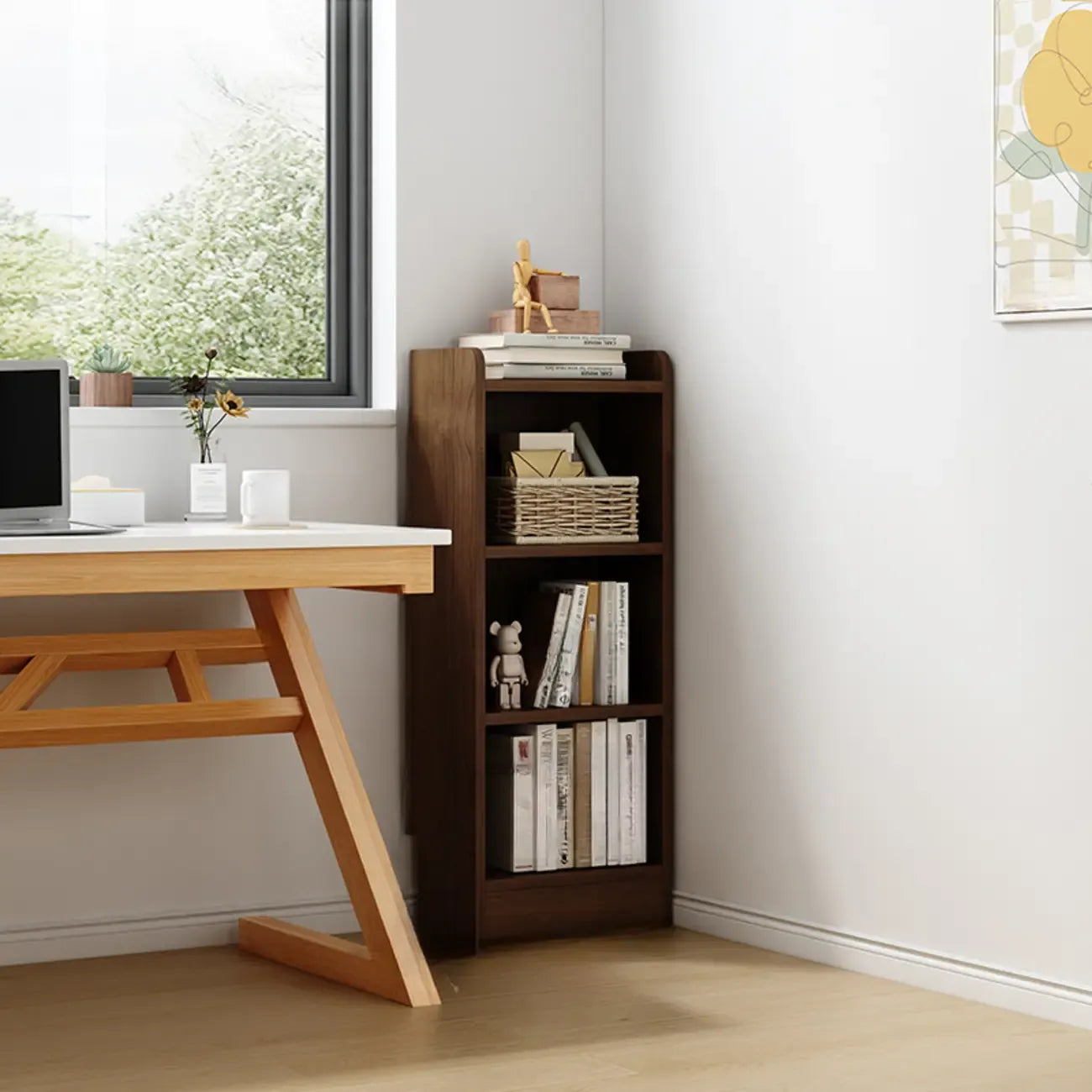 Bibliothèque d'angle compacte et haute en bois à 5 niveaux