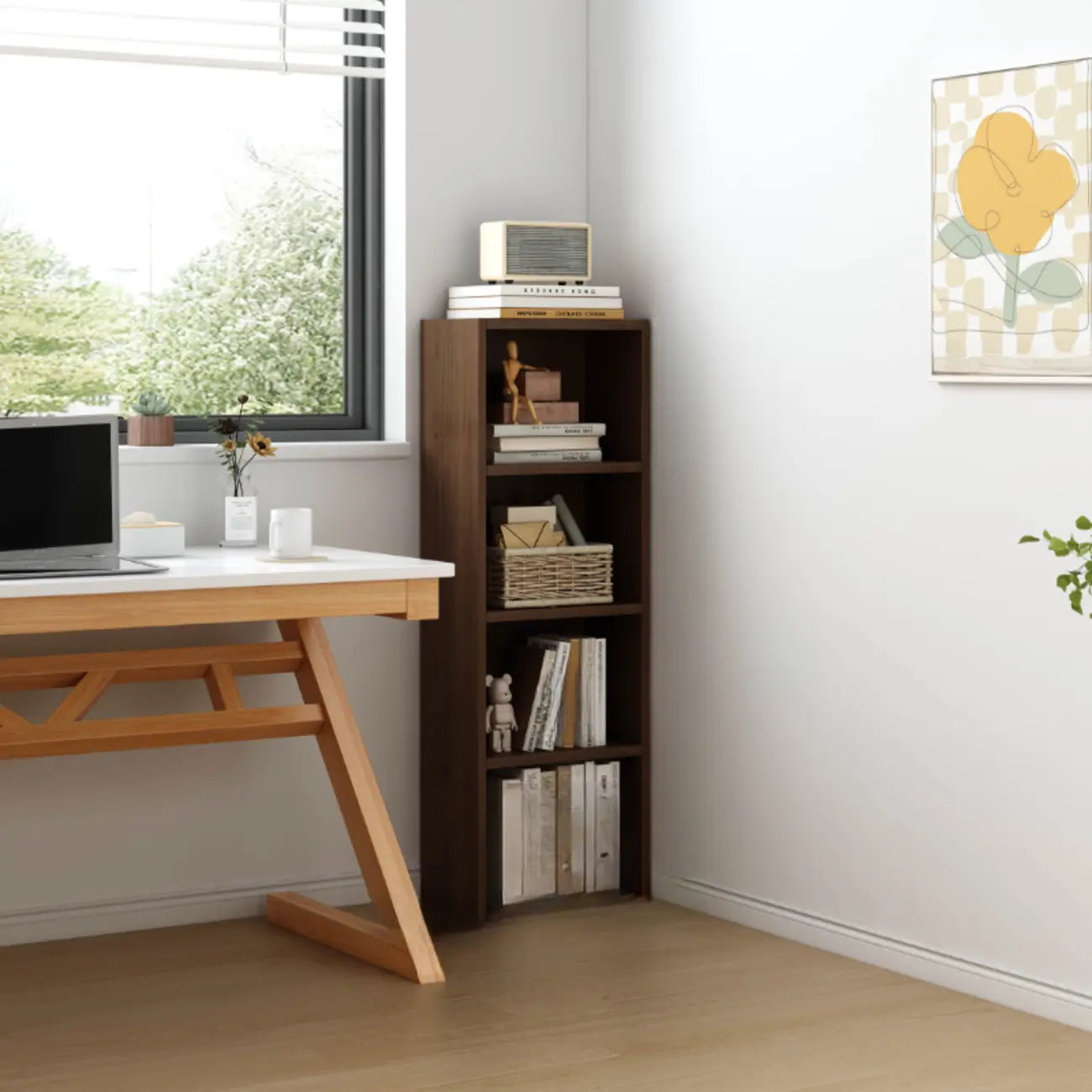 Bibliothèque d'angle compacte et haute en bois à 5 niveaux