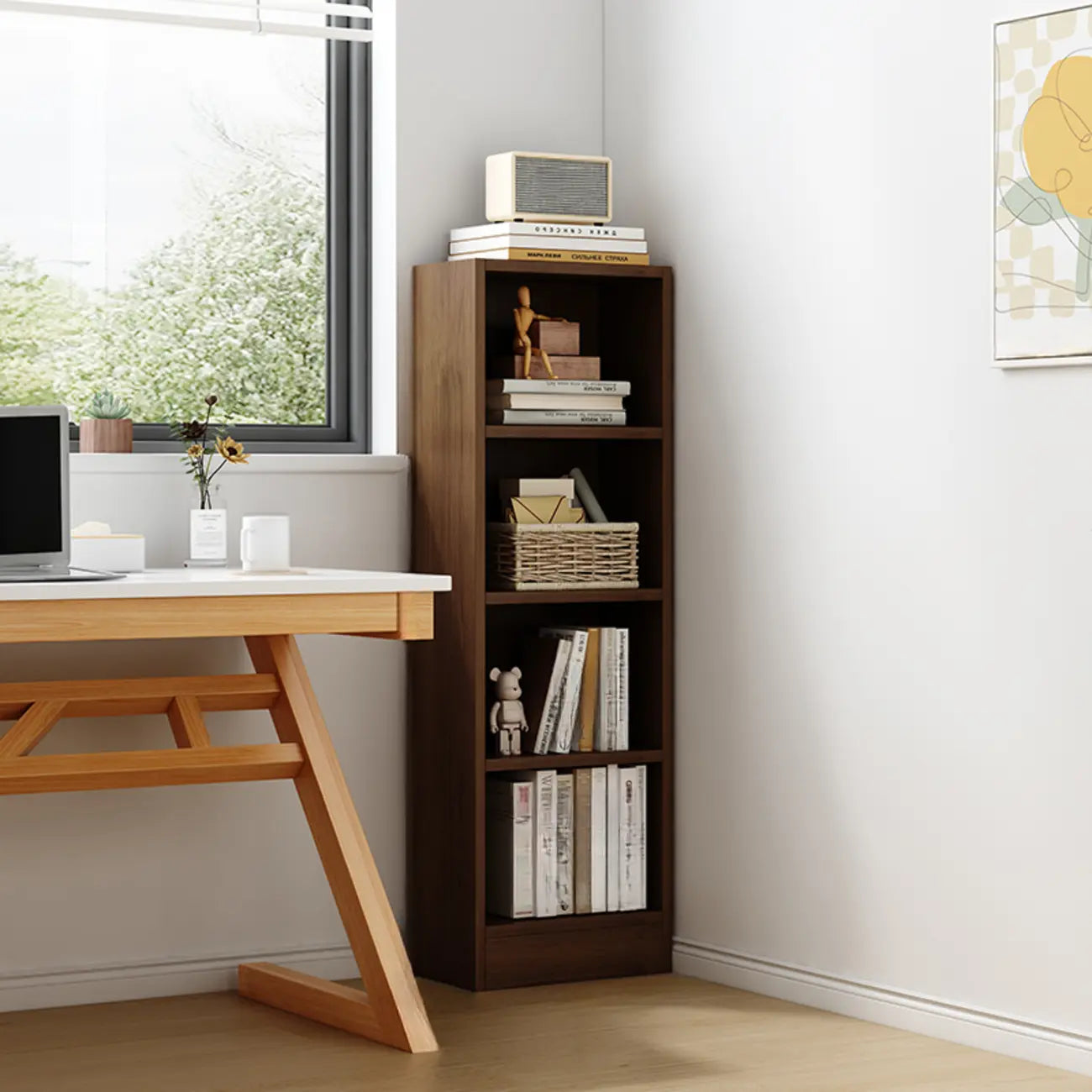 Bibliothèque d'angle compacte et haute en bois à 5 niveaux