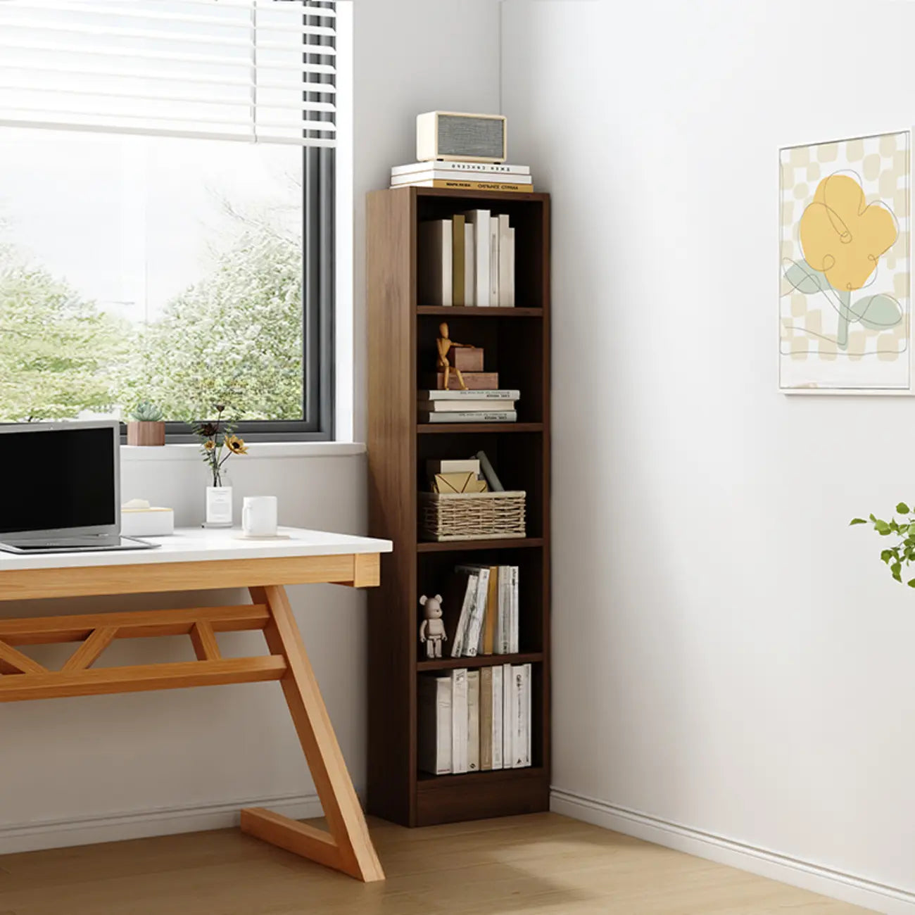 Bibliothèque d'angle compacte et haute en bois à 5 niveaux