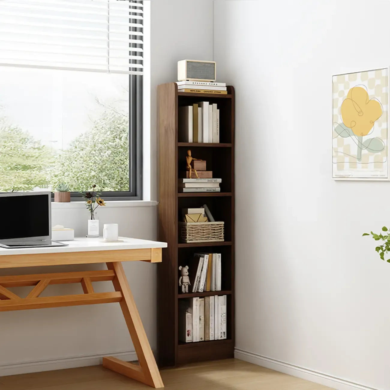 Bibliothèque d'angle compacte et haute en bois à 5 niveaux