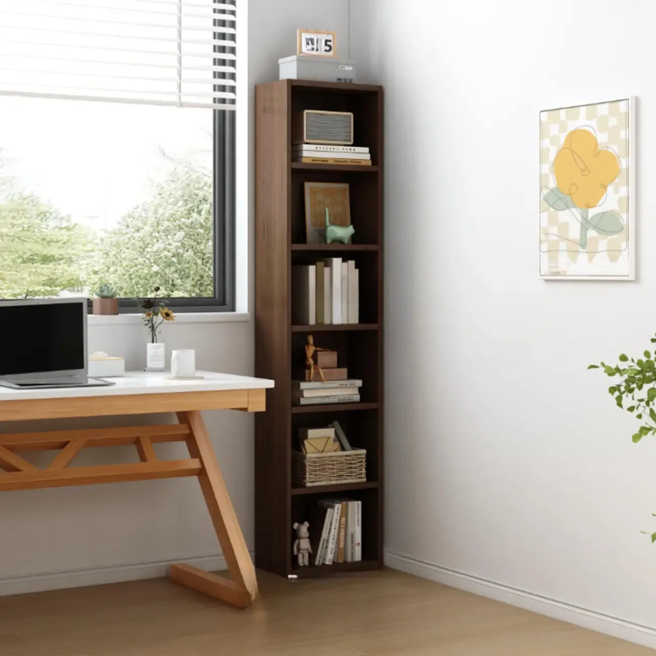 Bibliothèque d'angle compacte et haute en bois à 5 niveaux