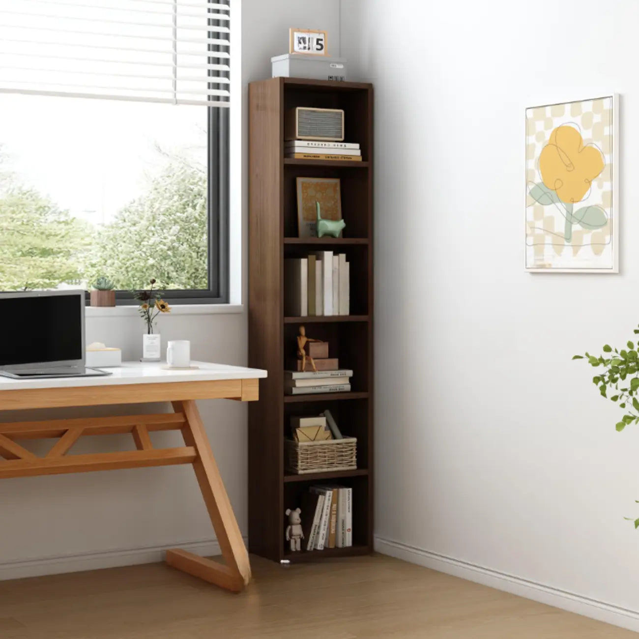 Bibliothèque d'angle compacte et haute en bois à 5 niveaux