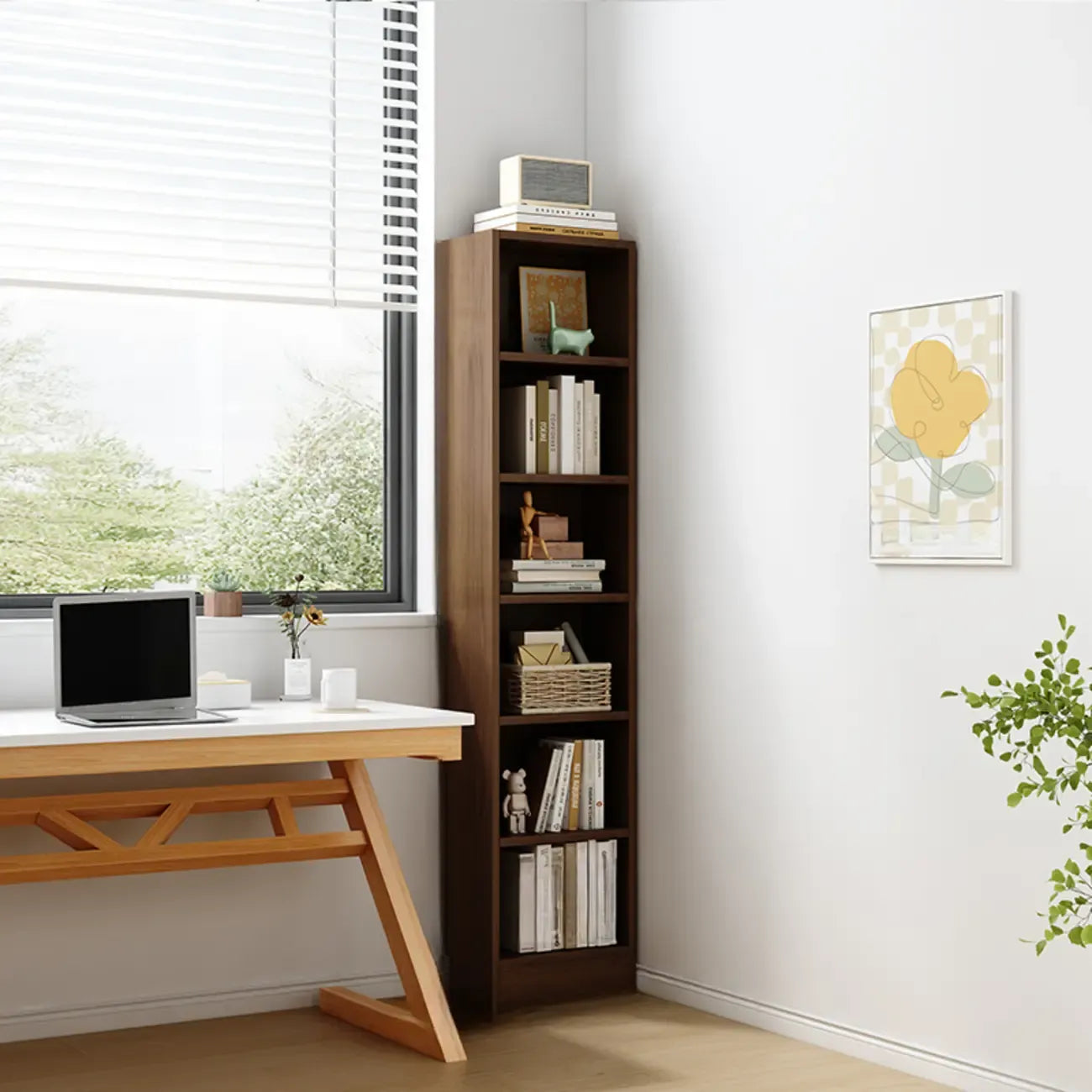 Bibliothèque d'angle compacte et haute en bois à 5 niveaux