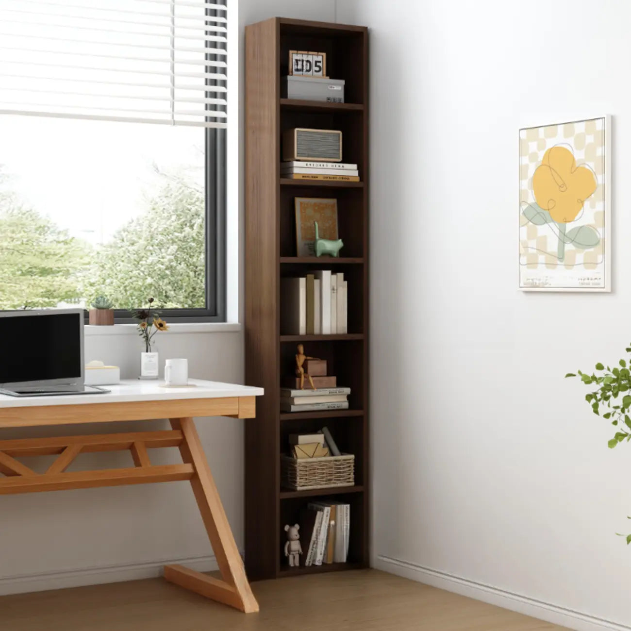 Bibliothèque d'angle compacte et haute en bois à 5 niveaux