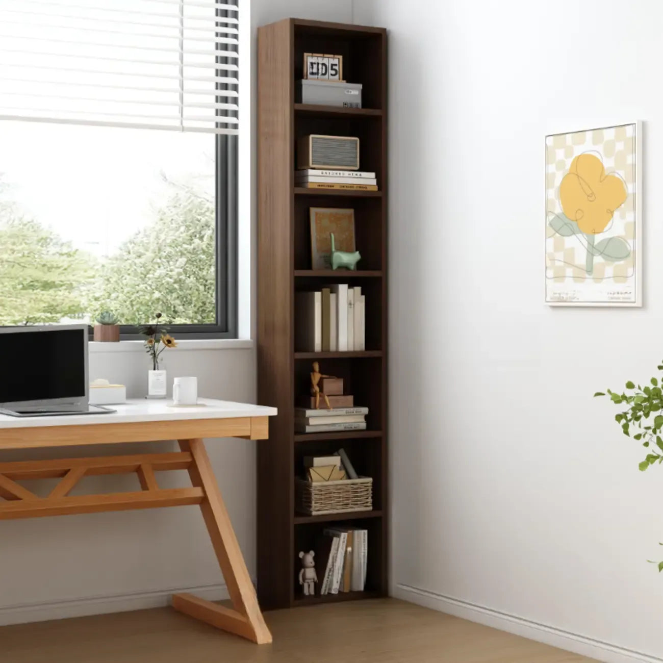 Bibliothèque d'angle compacte et haute en bois à 5 niveaux