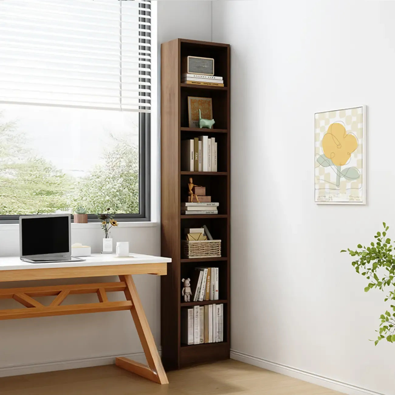 Bibliothèque d'angle compacte et haute en bois à 5 niveaux