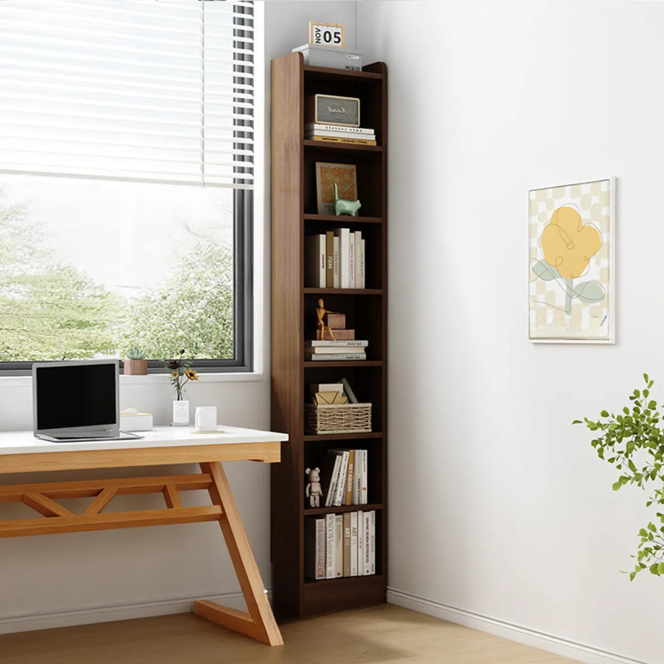 Bibliothèque d'angle compacte et haute en bois à 5 niveaux