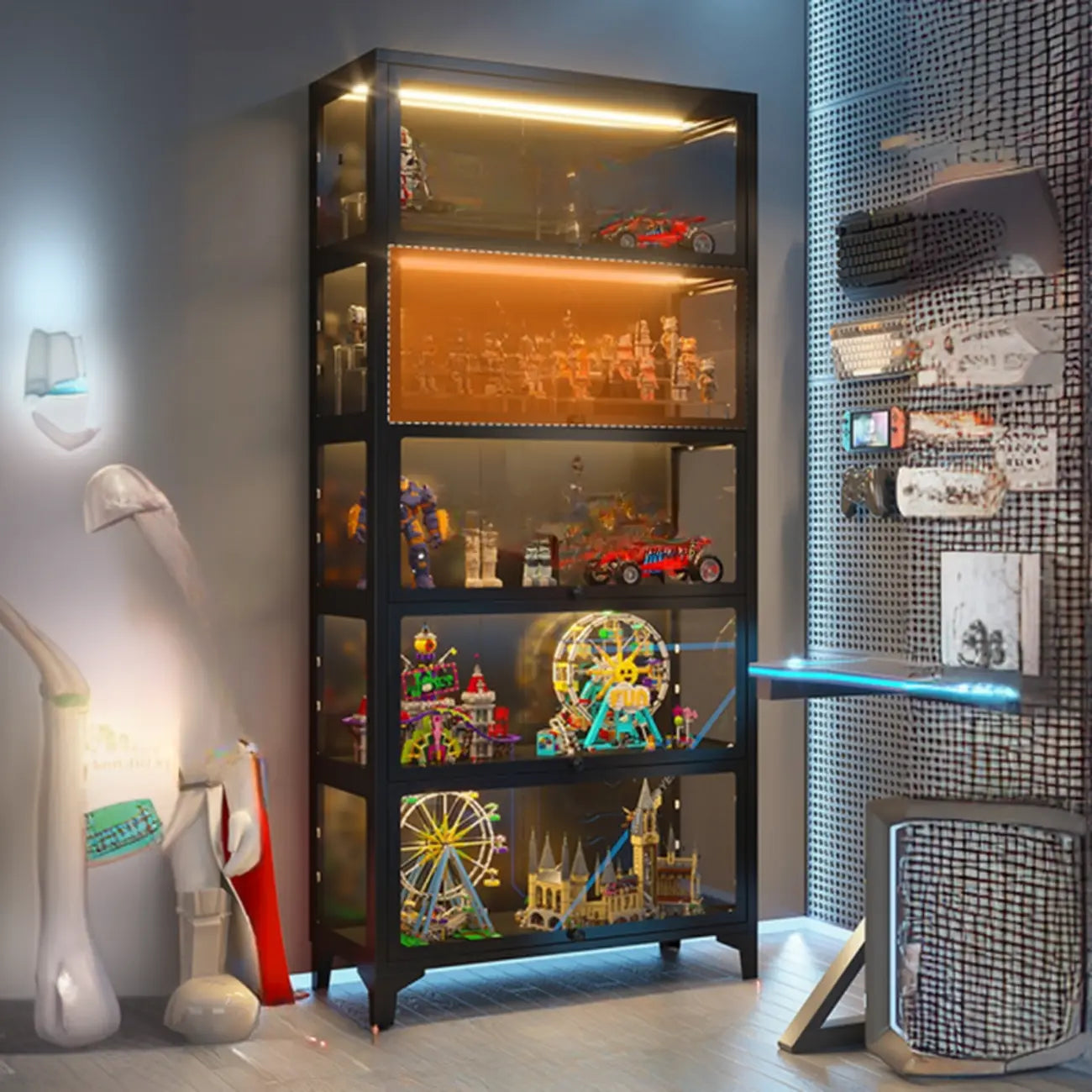 Vitrines modernes à 5 étagères en verre avec éclairage LED