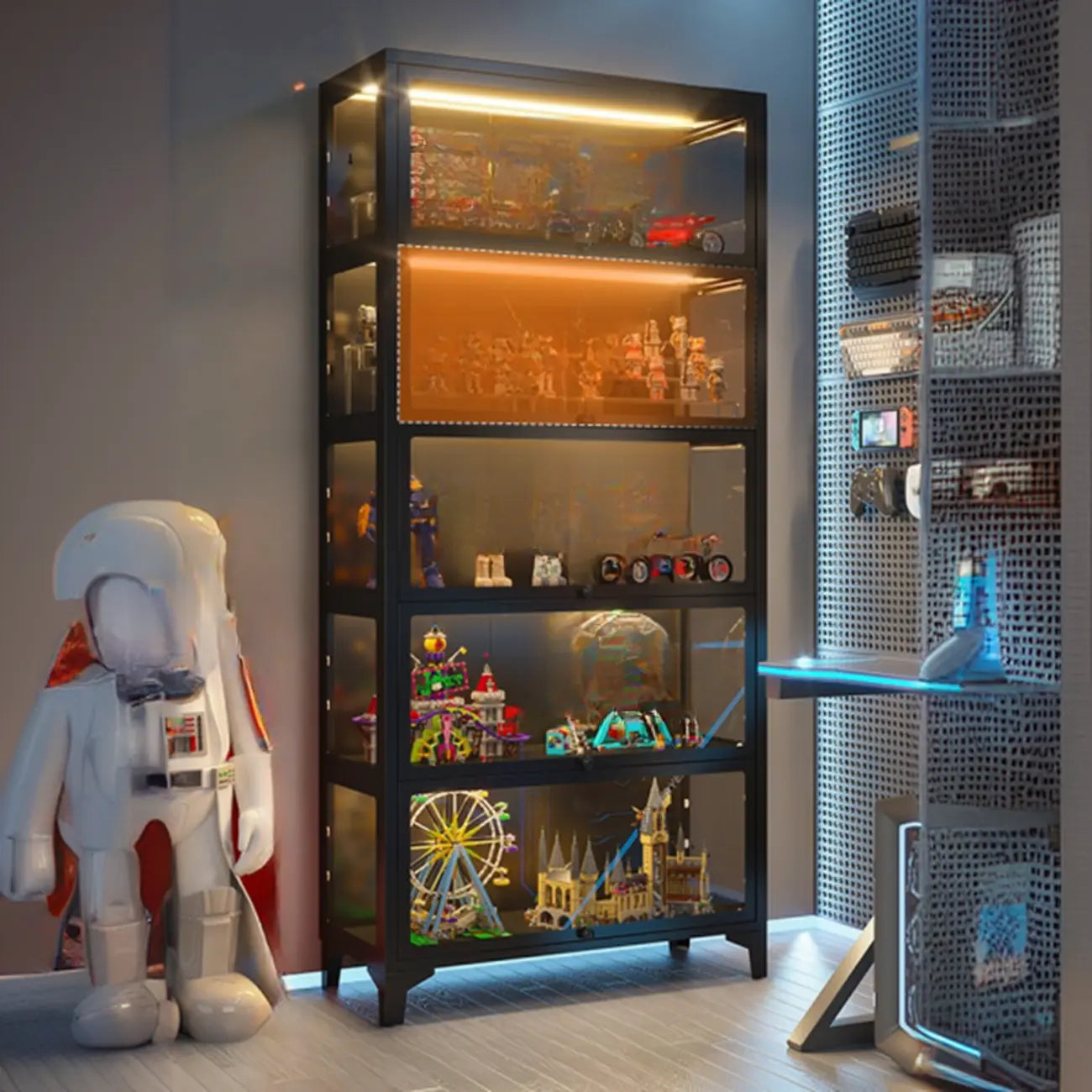 Vitrines modernes à 5 étagères en verre avec éclairage LED