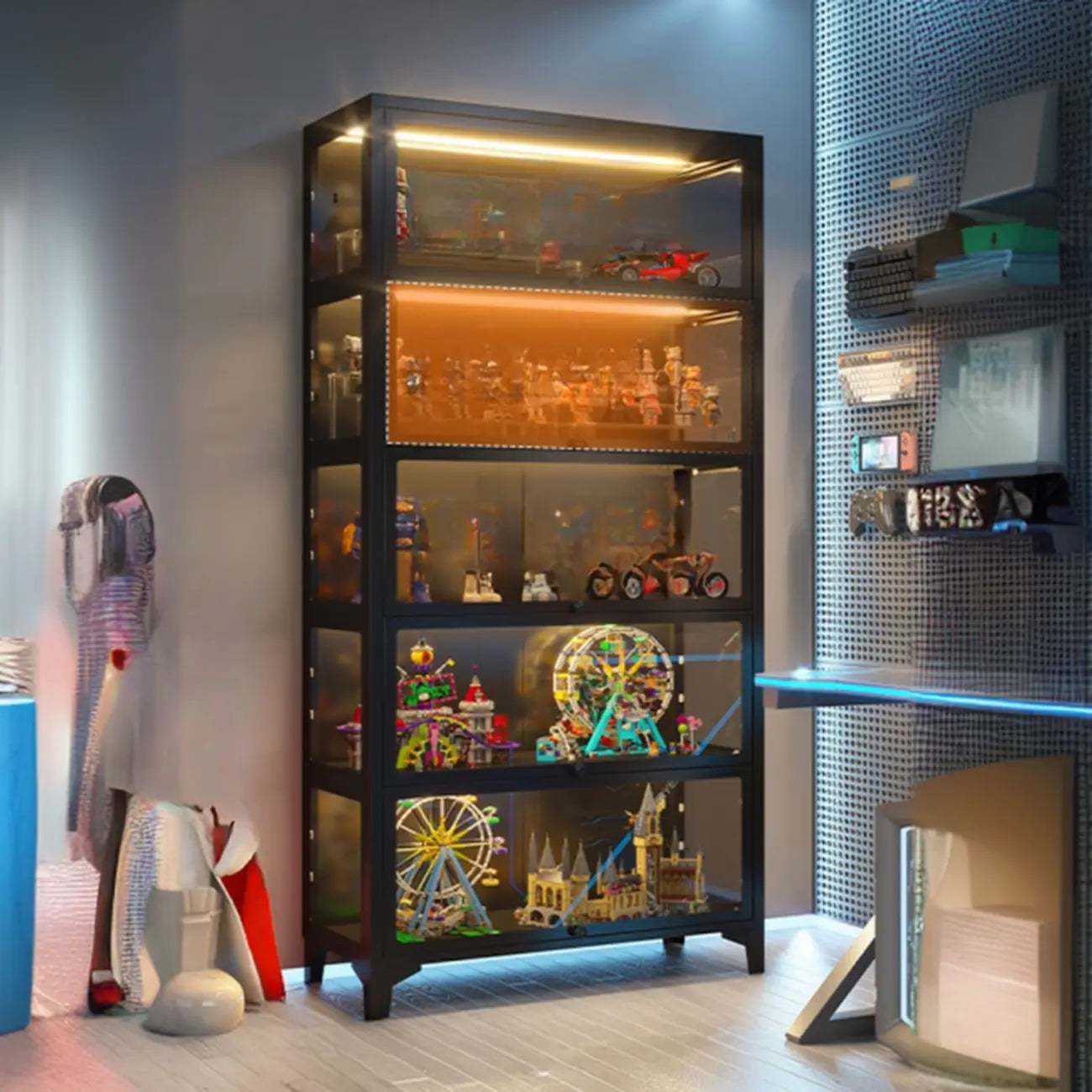 Vitrines modernes à 5 étagères en verre avec éclairage LED