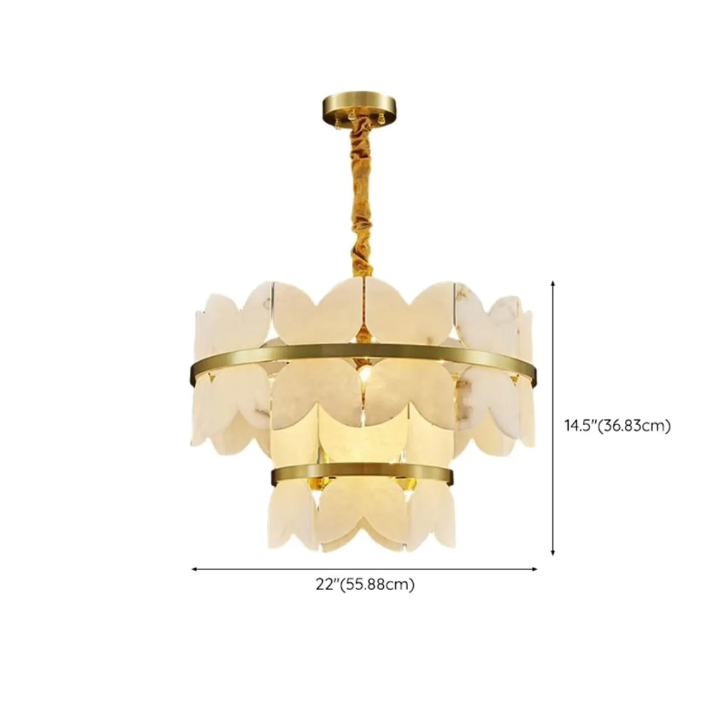 Luxueux lustre rond à plusieurs niveaux en albâtre doré