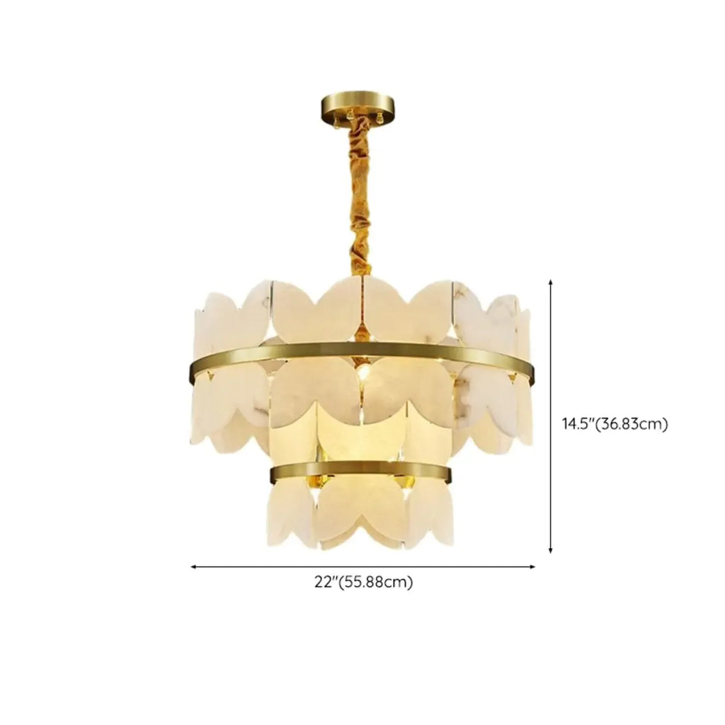 Luxueux lustre rond à plusieurs niveaux en albâtre doré