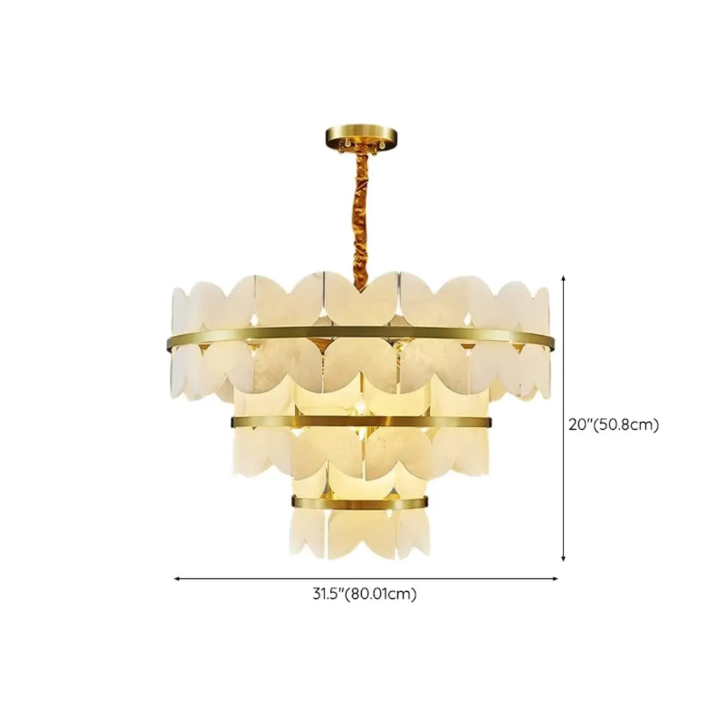Luxueux lustre rond à plusieurs niveaux en albâtre doré