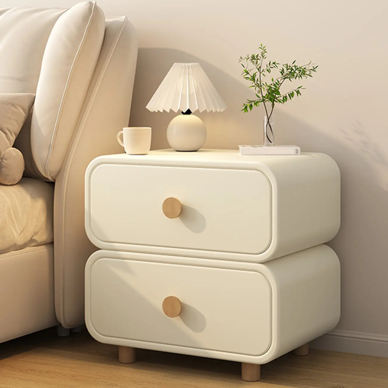 Table de chevet en bois blanc cassé à deux tiroirs pour chambre à coucher
