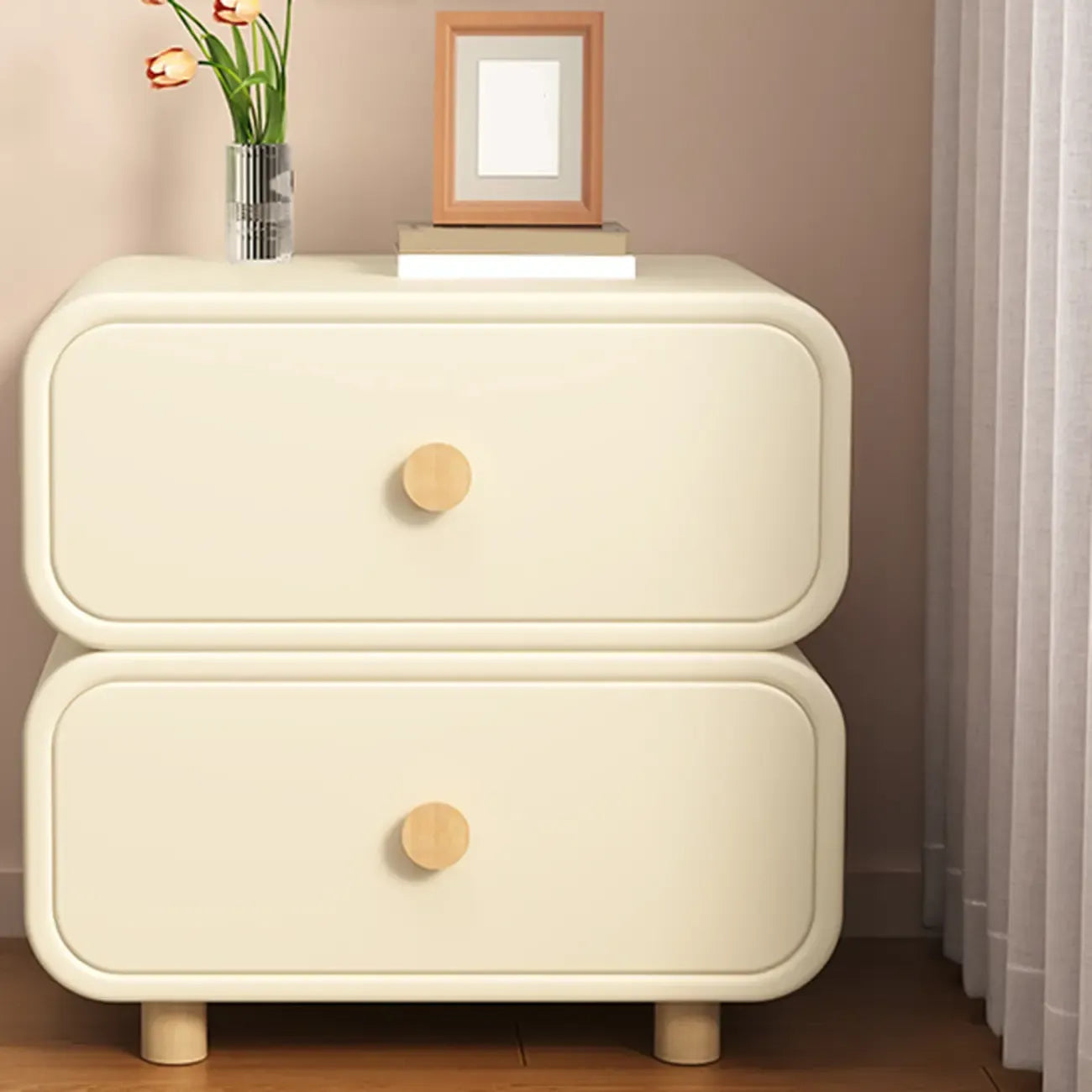 Table de chevet en bois blanc cassé à deux tiroirs pour chambre à coucher