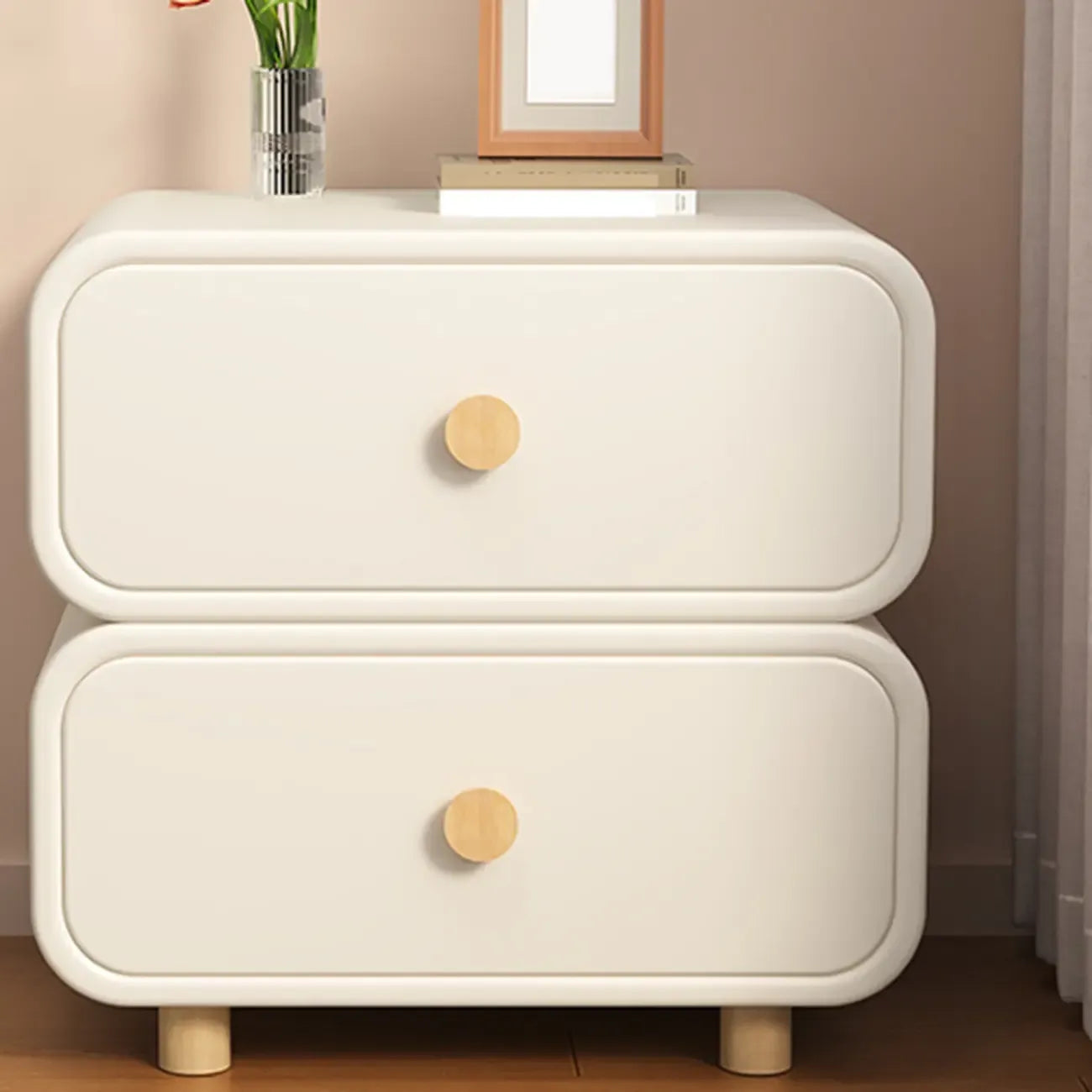 Table de chevet en bois blanc cassé à deux tiroirs pour chambre à coucher