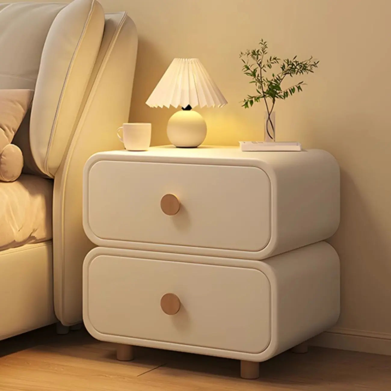 Table de chevet en bois blanc cassé à deux tiroirs pour chambre à coucher