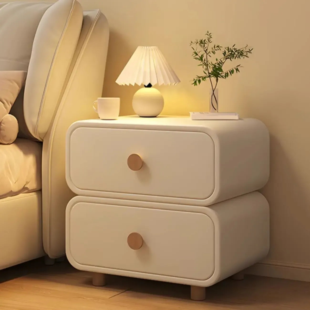 Table de chevet en bois blanc cassé à deux tiroirs pour chambre à coucher