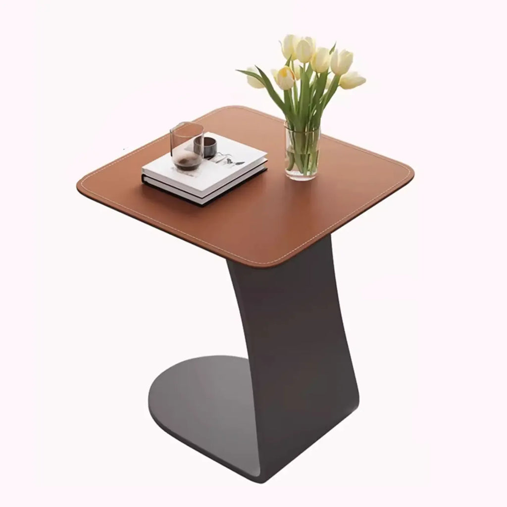 Table d'appoint carrée en métal avec plateau en cuir HomeyFad en forme de C