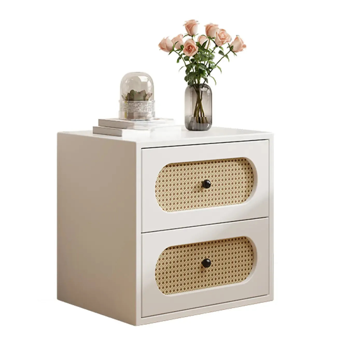 Table de chevet étroite fonctionnelle en rotin blanc à 3 tiroirs