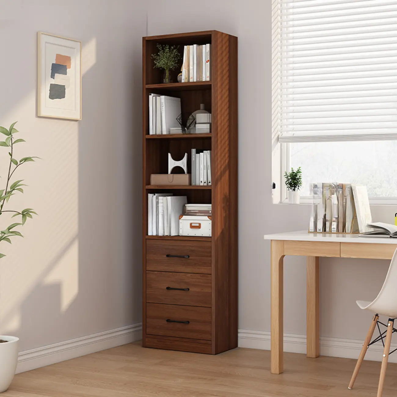 Bibliothèque verticale classique en bois marron à 3 tiroirs