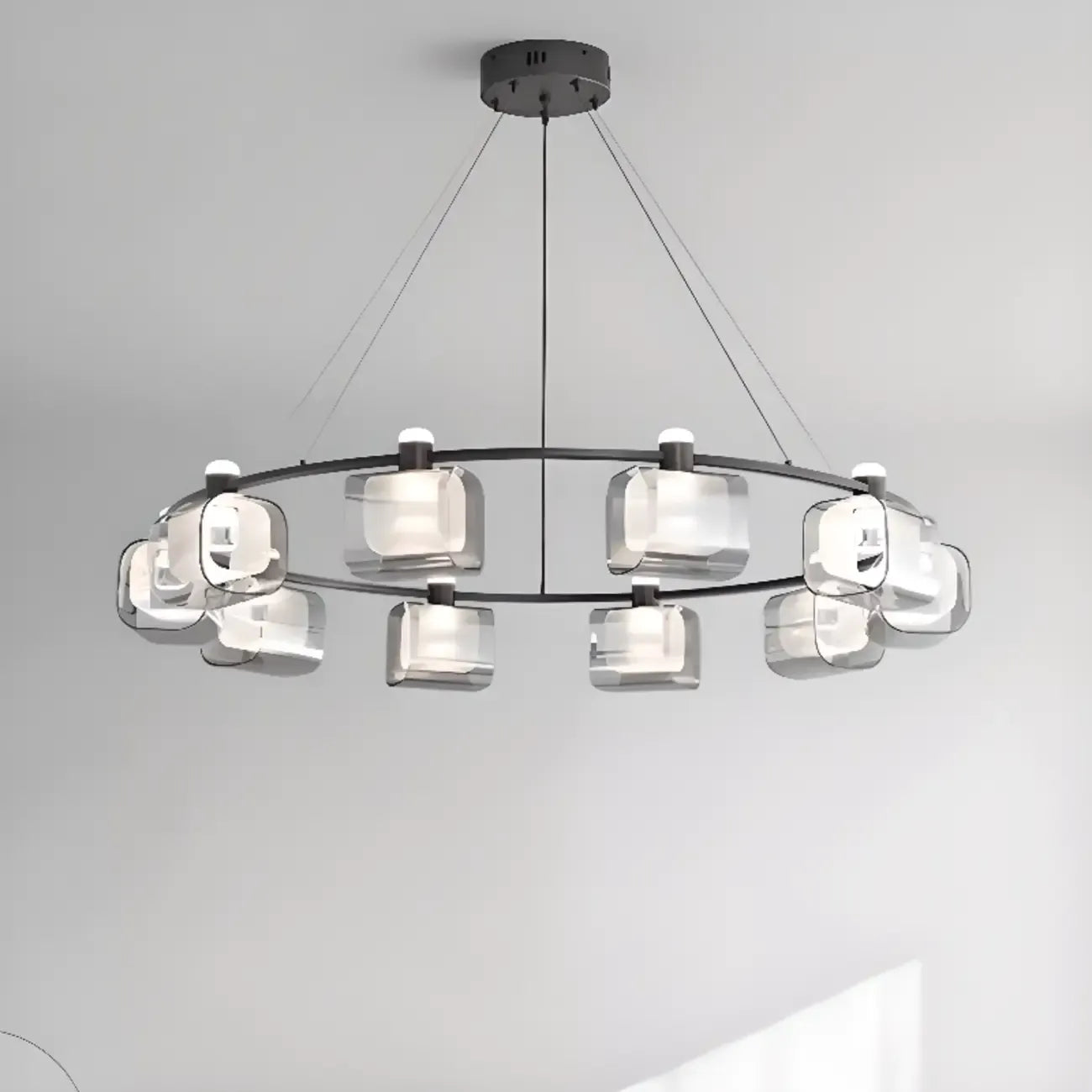 Lustre moderne géométrique circulaire à 10 lumières en verre transparent