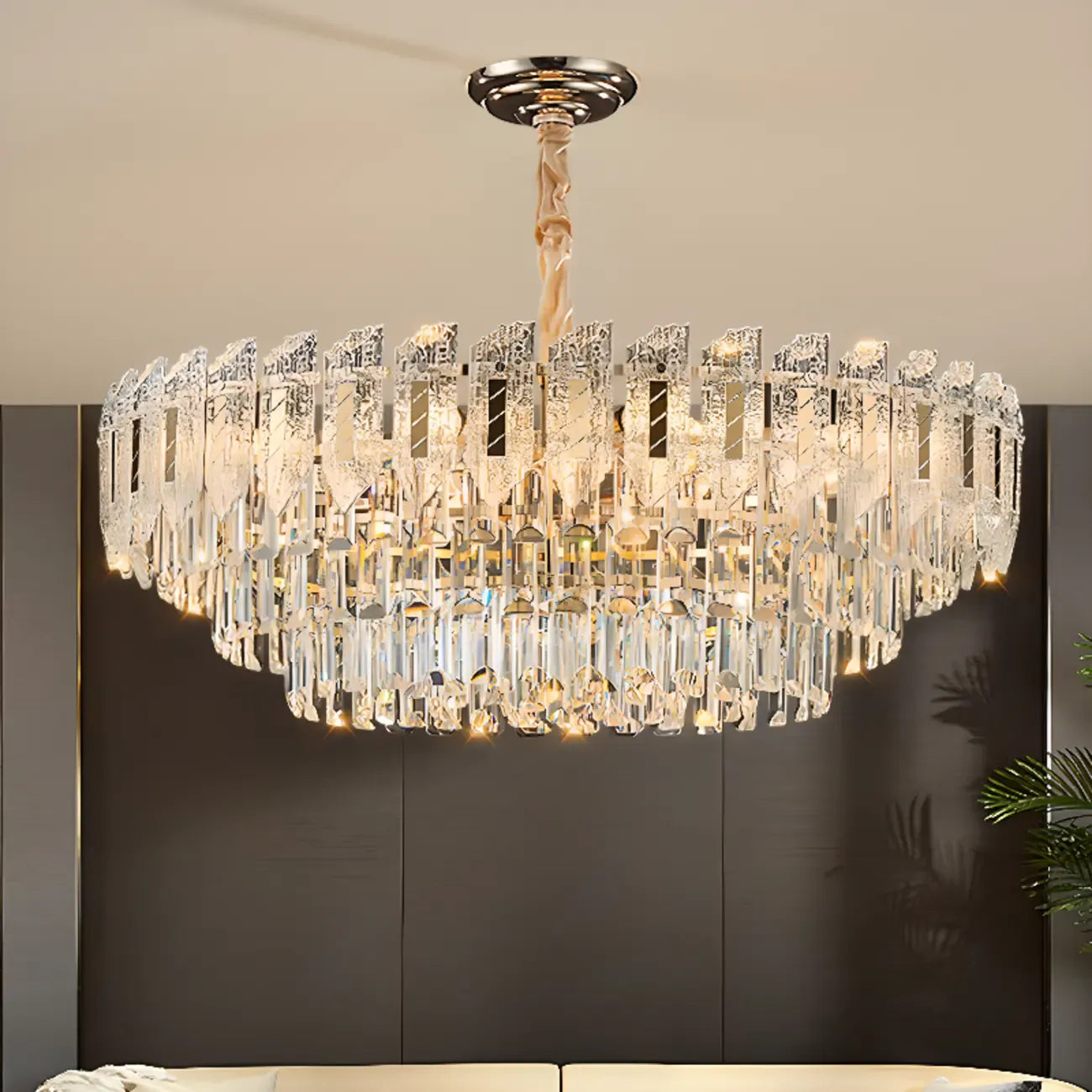 Luxueux lustre rond à deux niveaux en cristal doré