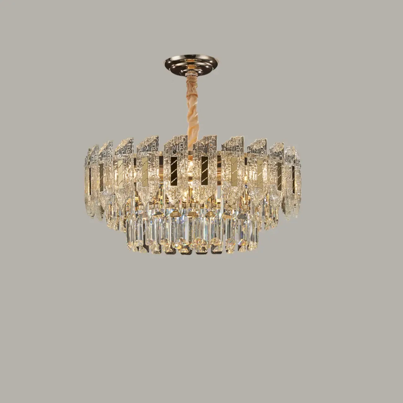Luxueux lustre rond à deux niveaux en cristal doré