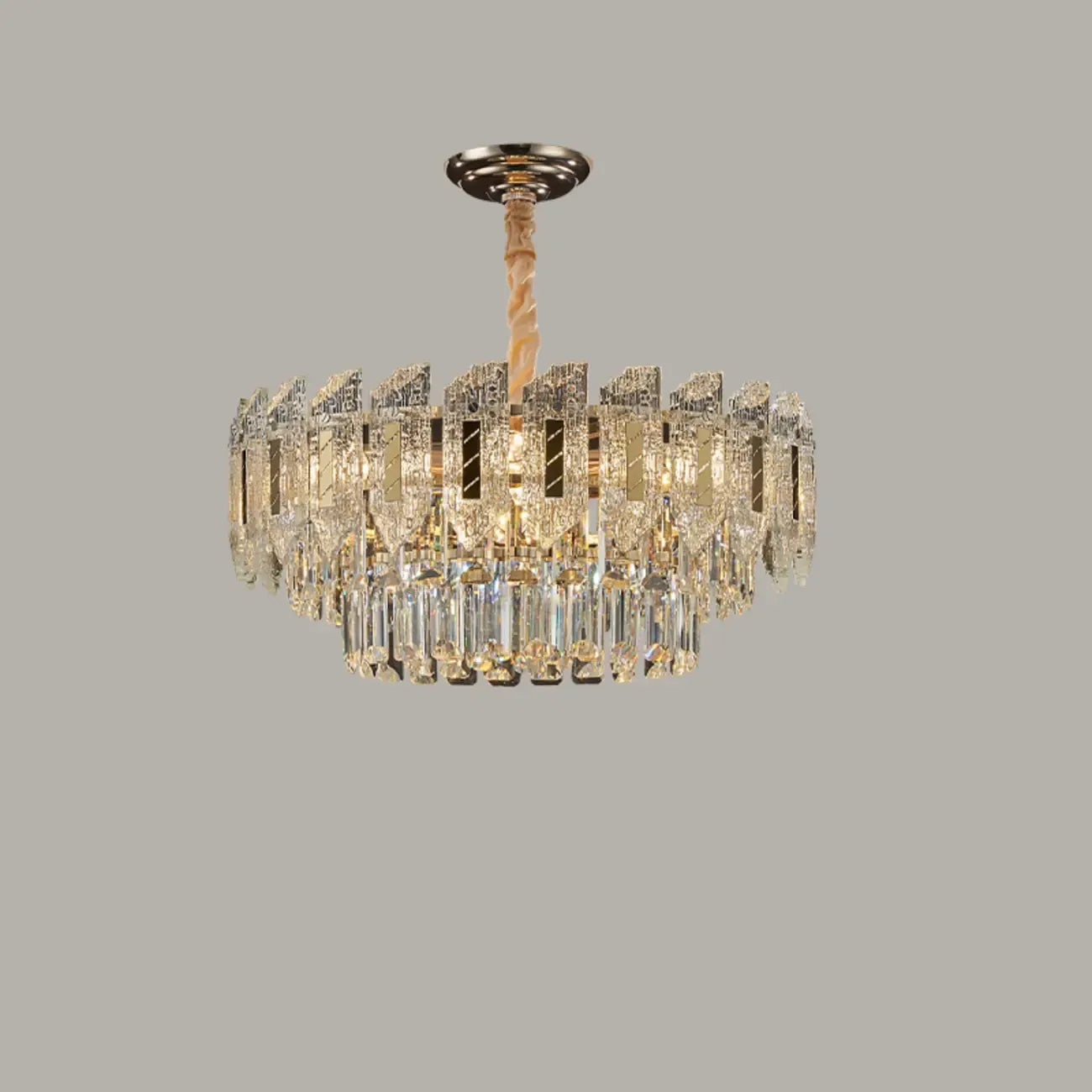 Luxueux lustre rond à deux niveaux en cristal doré