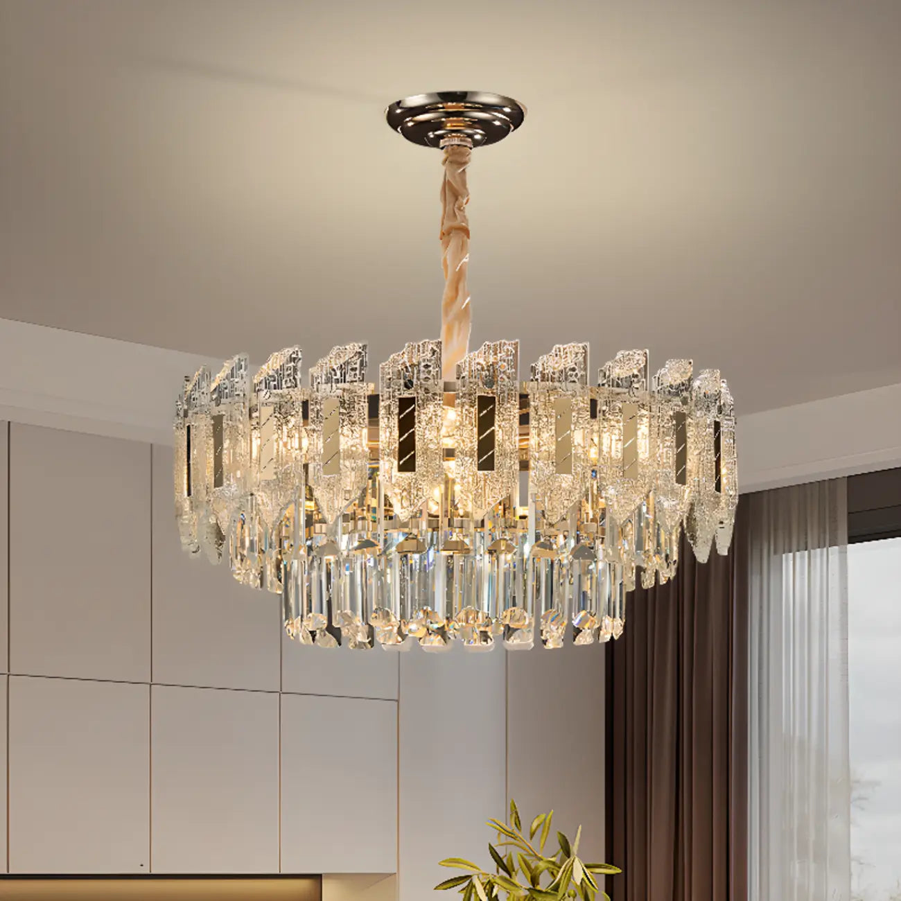 Luxueux lustre rond à deux niveaux en cristal doré