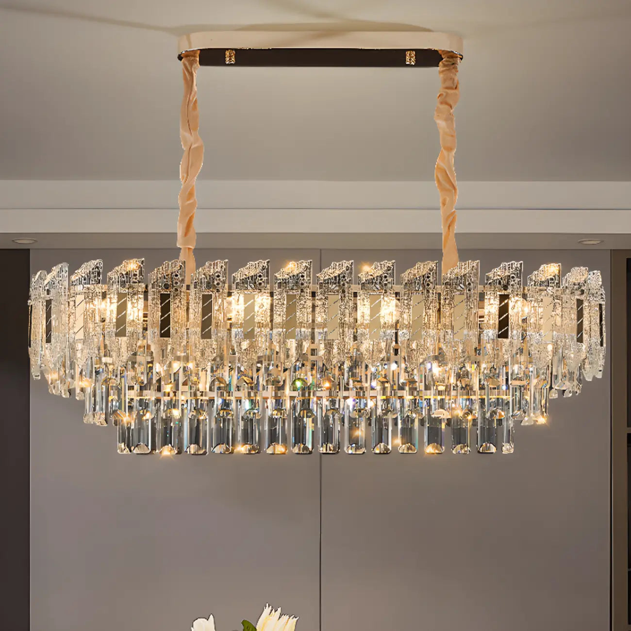Luxueux lustre rond à deux niveaux en cristal doré