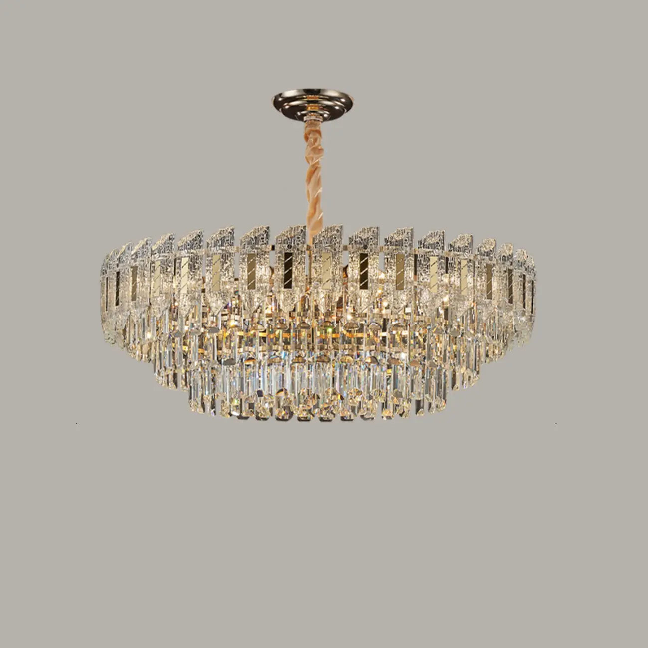 Luxueux lustre rond à deux niveaux en cristal doré