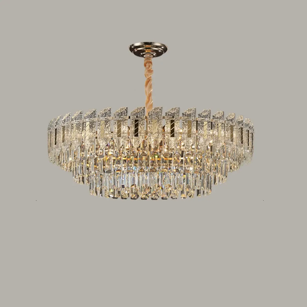 Luxueux lustre rond à deux niveaux en cristal doré