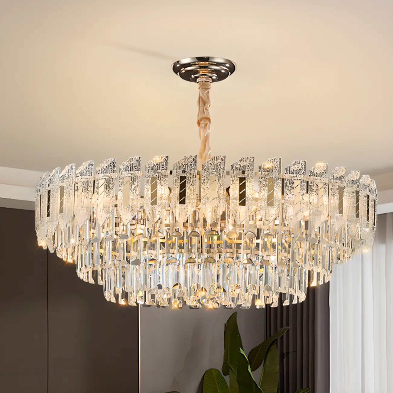 Luxueux lustre rond à deux niveaux en cristal doré