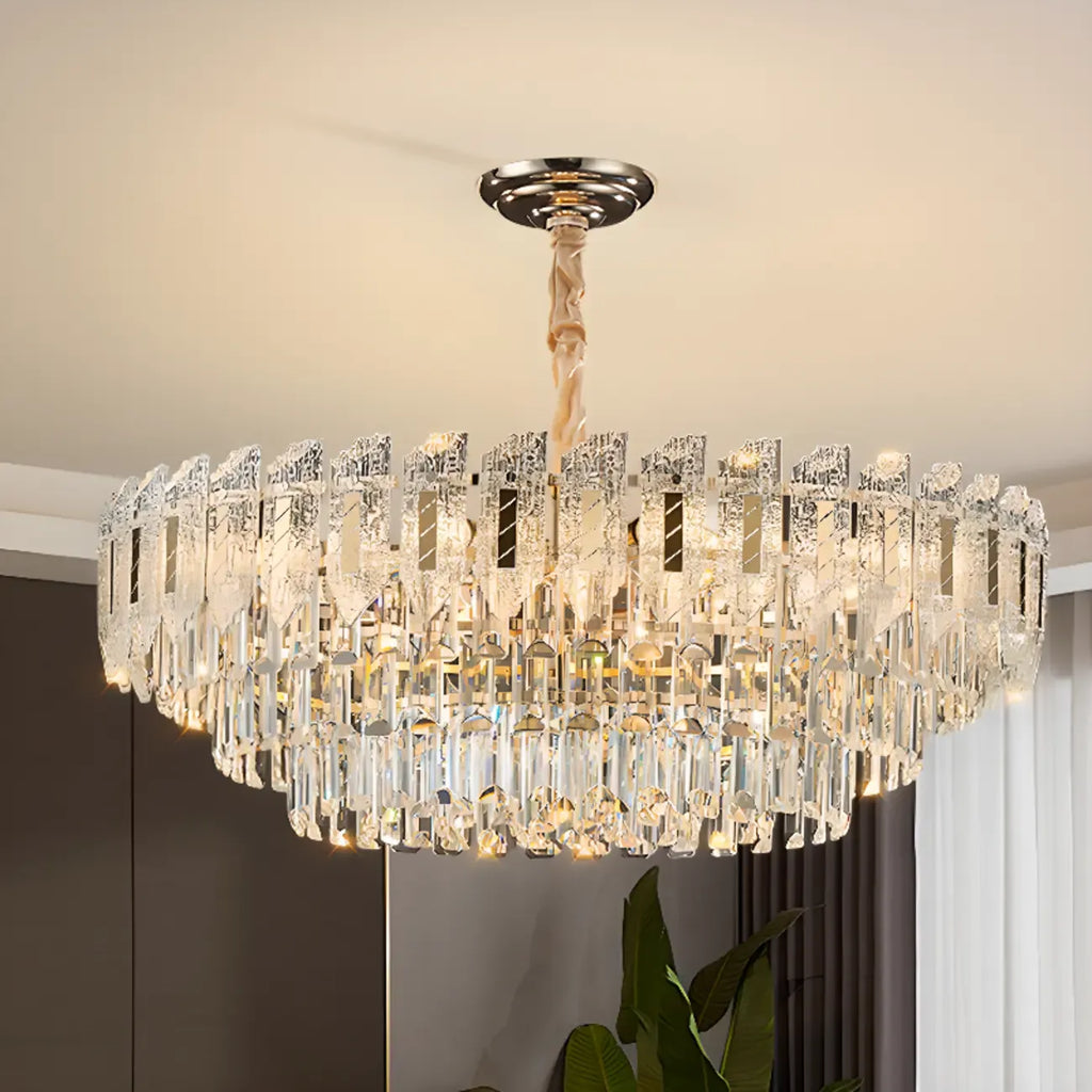 Luxueux lustre rond à deux niveaux en cristal doré