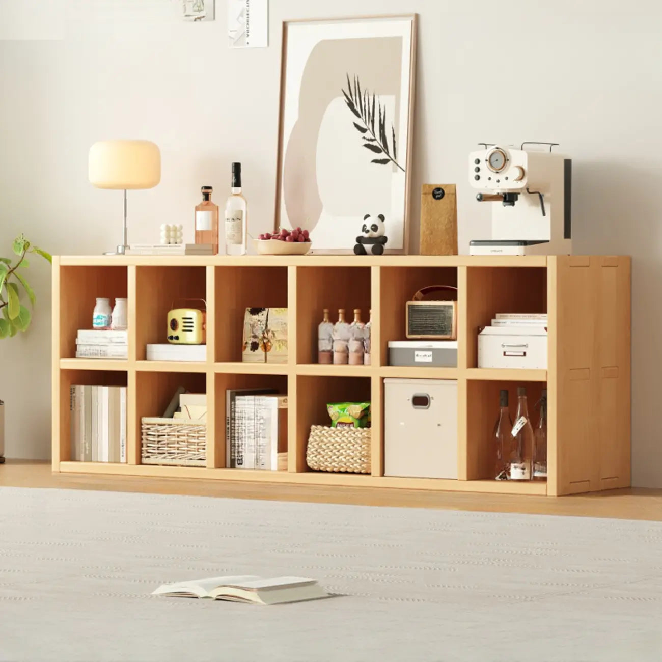Bibliothèque horizontale en bois massif naturel à cube ouvert et large
