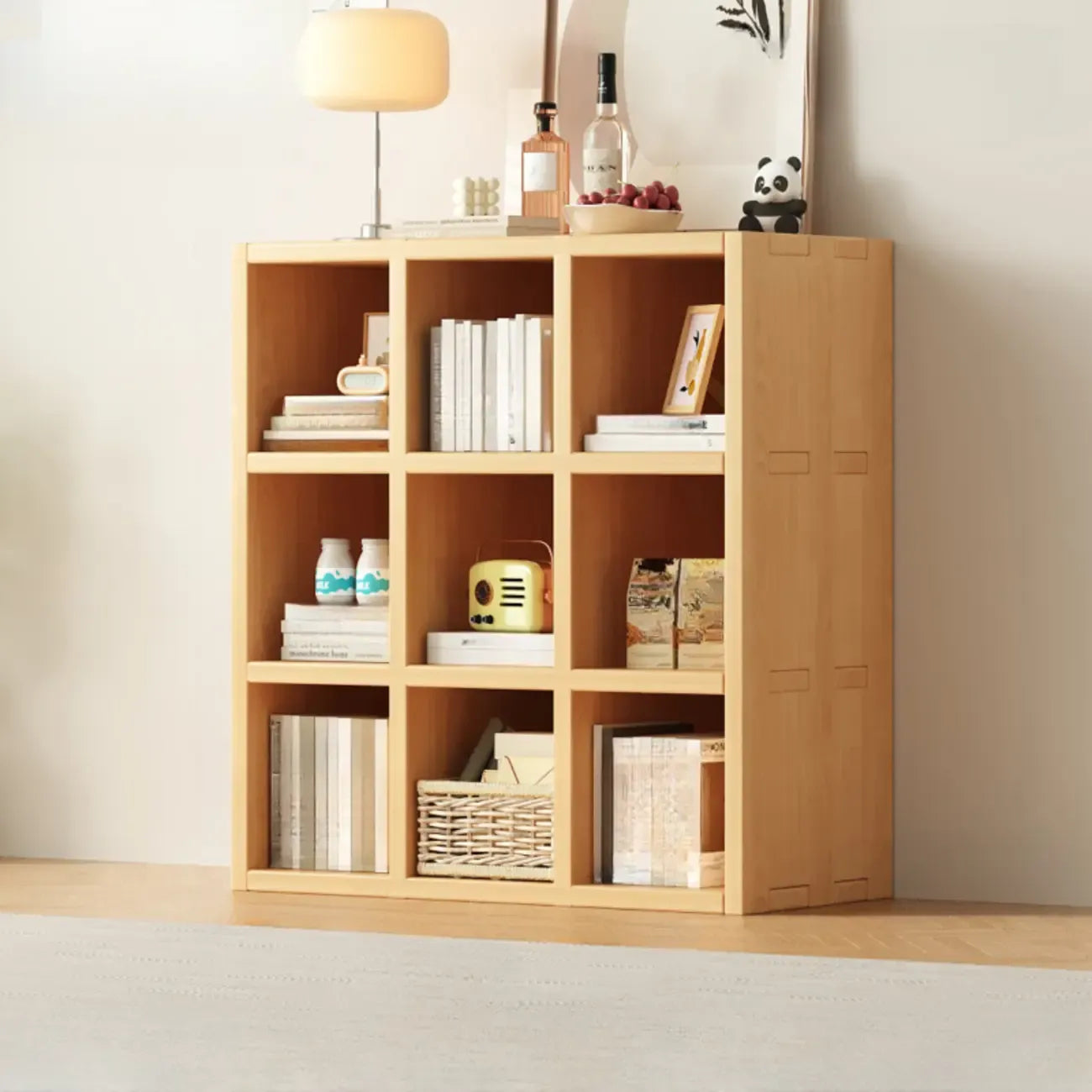 Bibliothèque horizontale en bois massif naturel à cube ouvert et large