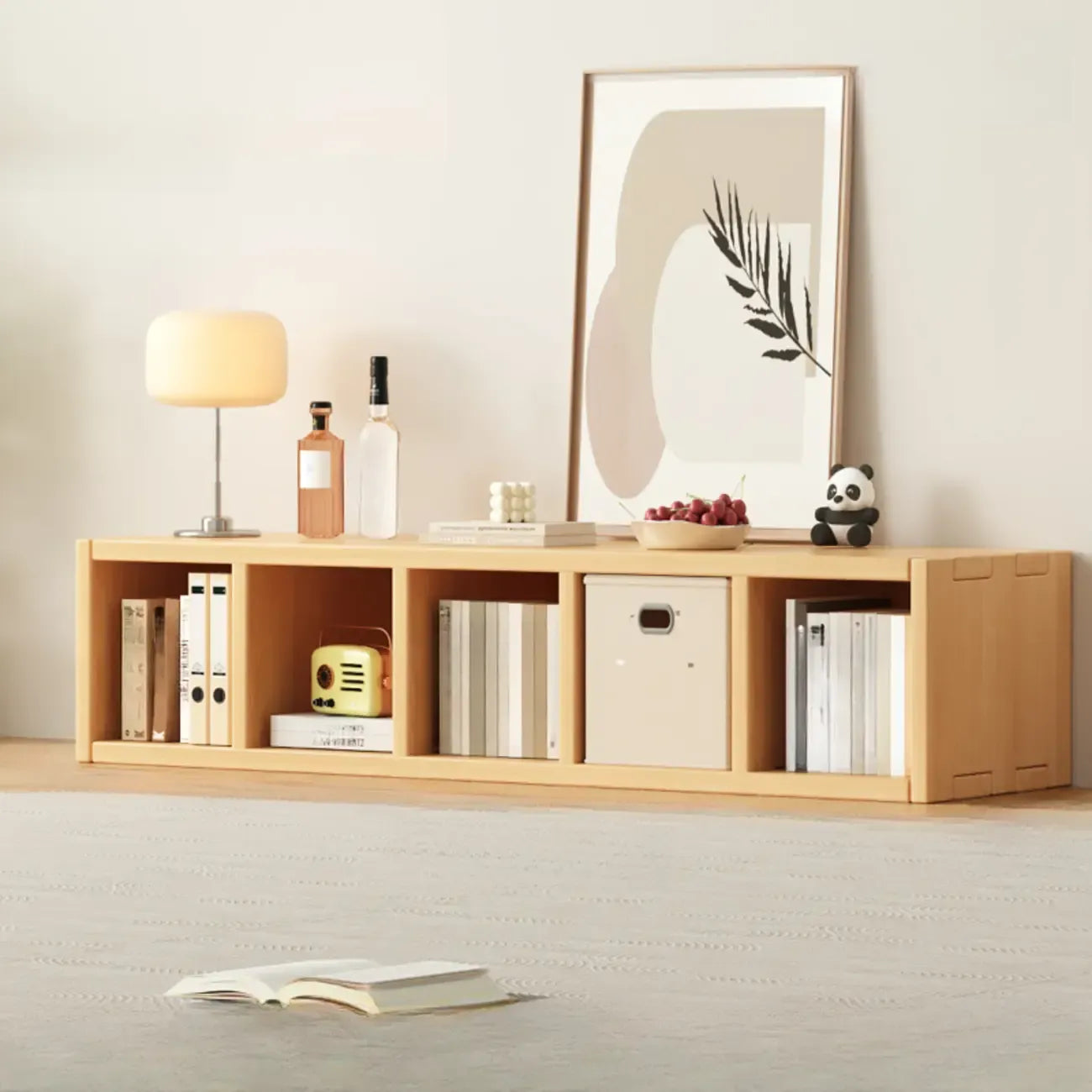 Bibliothèque horizontale en bois massif naturel à cube ouvert et large