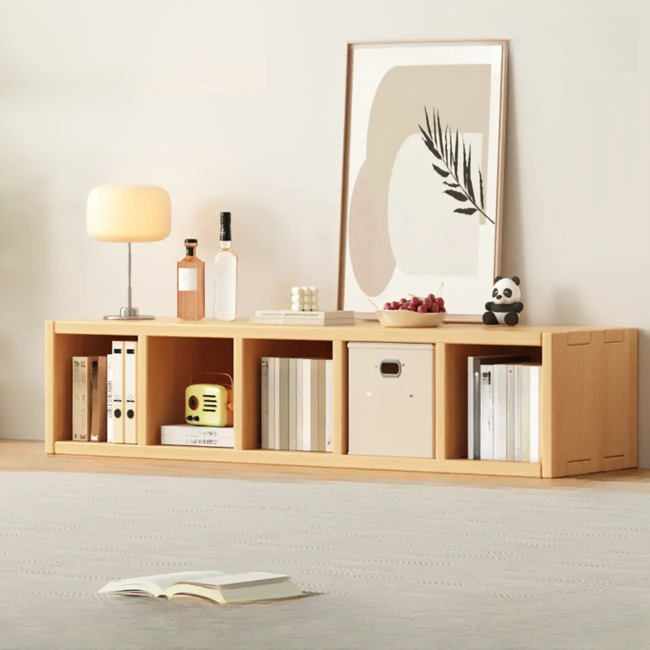 Bibliothèque horizontale en bois massif naturel à cube ouvert et large