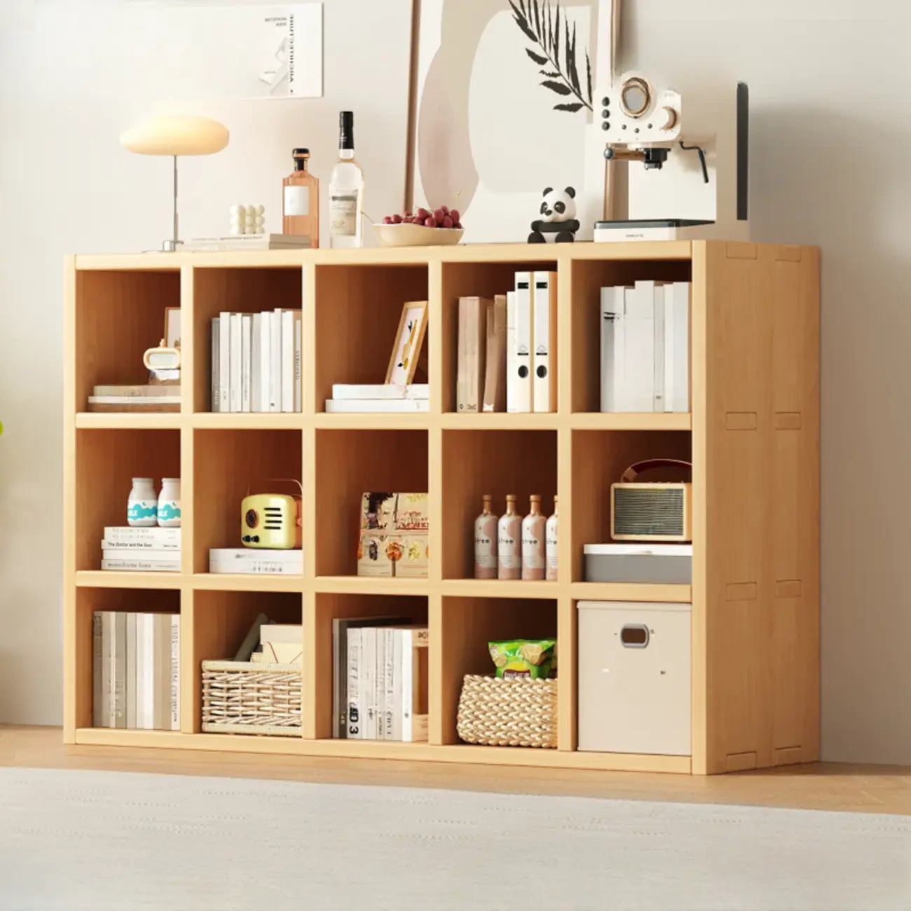 Bibliothèque horizontale en bois massif naturel à cube ouvert et large