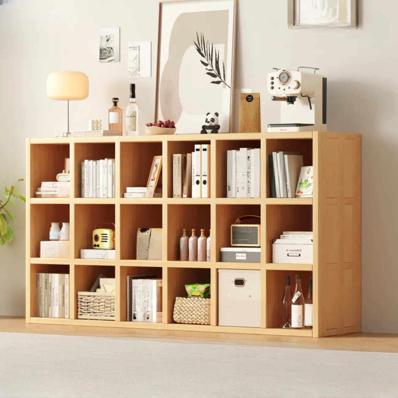 Bibliothèque horizontale en bois massif naturel à cube ouvert et large
