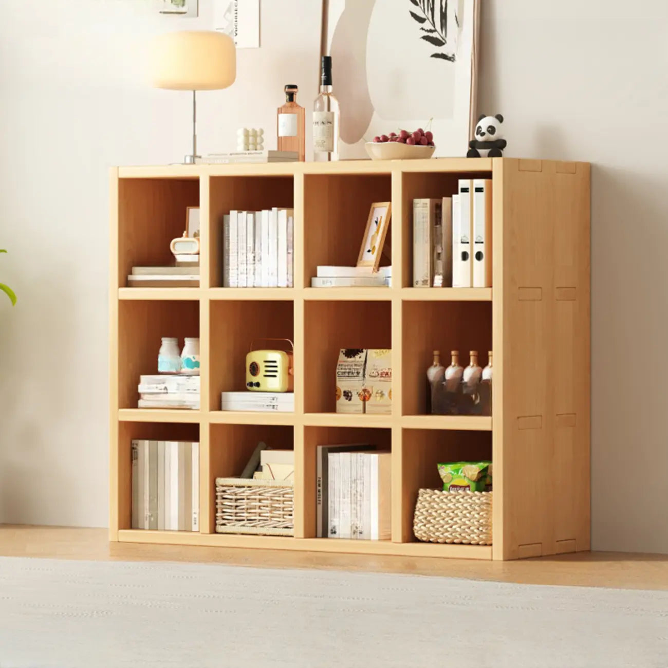 Bibliothèque horizontale en bois massif naturel à cube ouvert et large