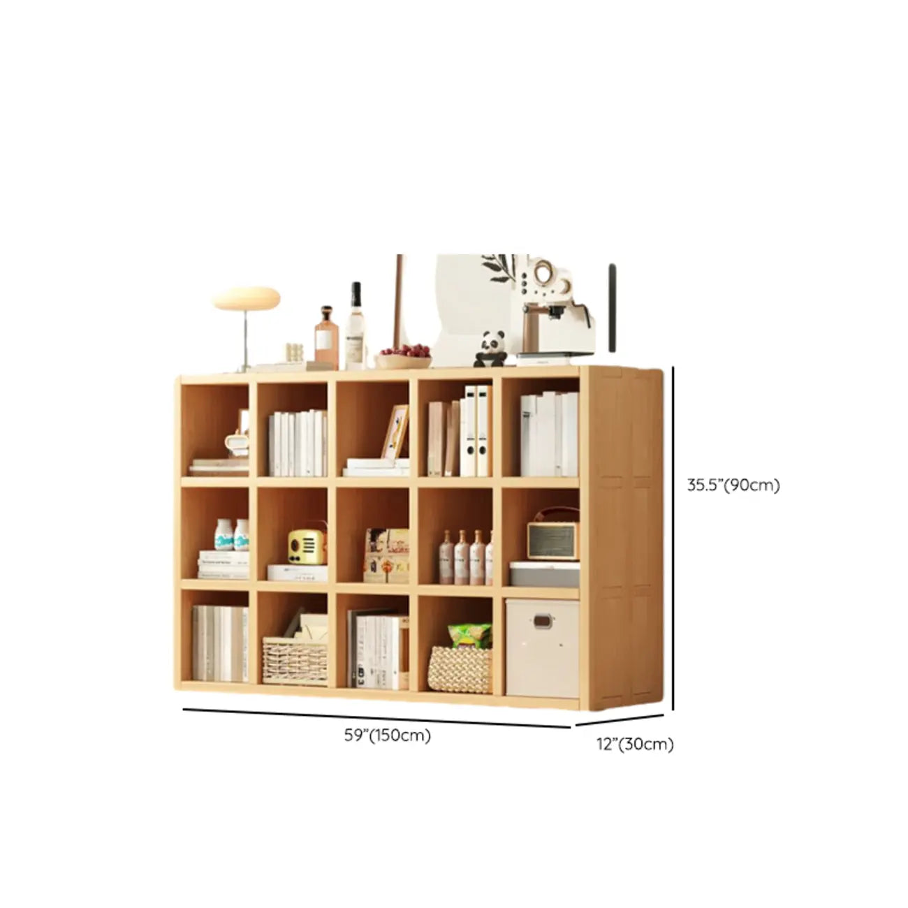 Bibliothèque horizontale en bois massif naturel à cube ouvert et large