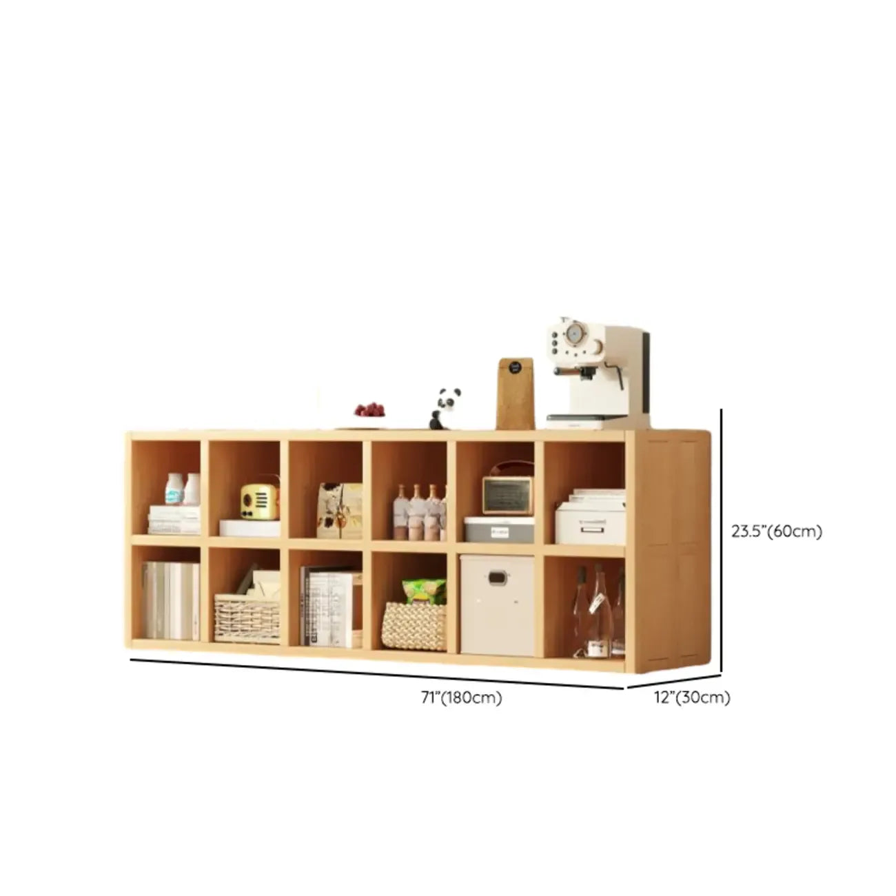 Bibliothèque horizontale en bois massif naturel à cube ouvert et large