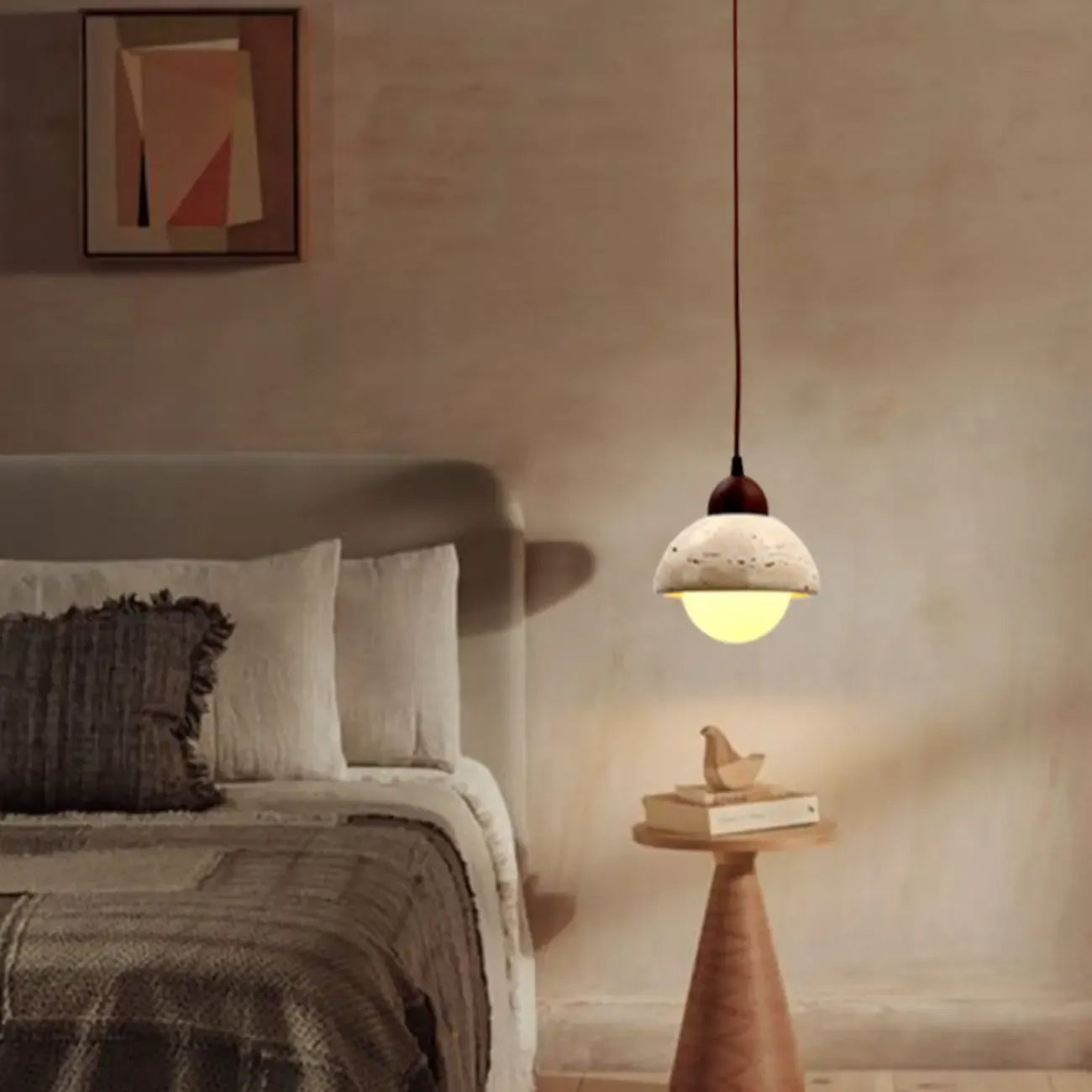 Lampada a sospensione moderna a 3 luci in legno di noce e cilindro di pietra