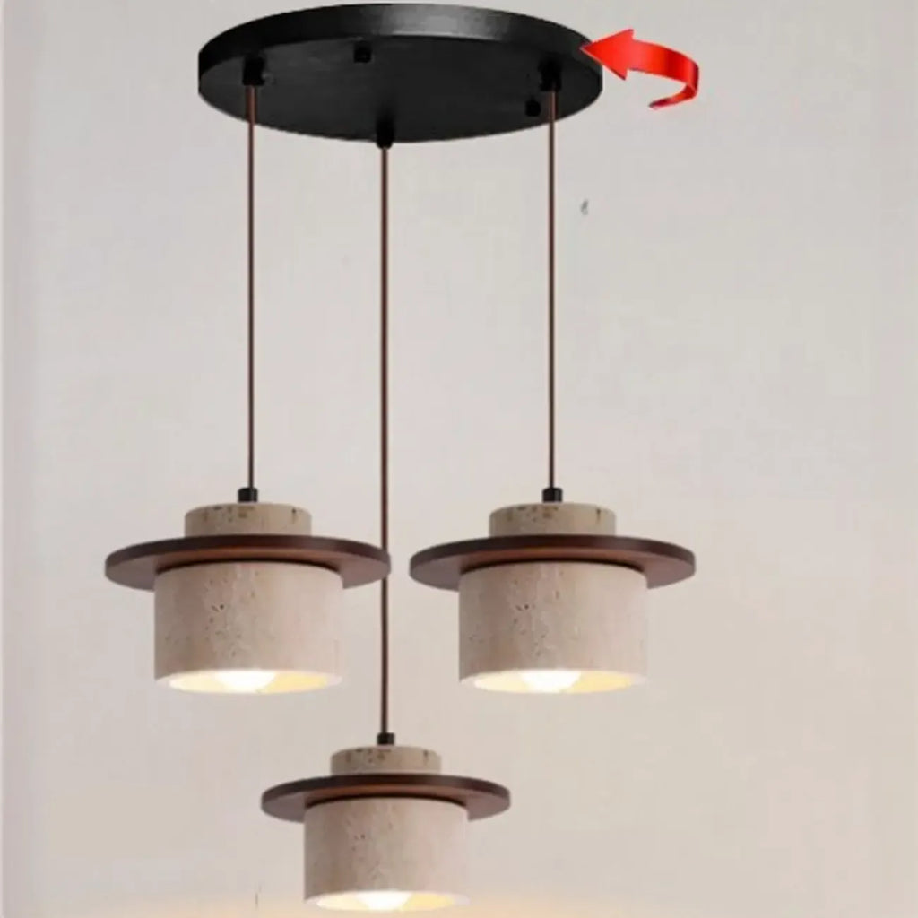 Lampada a sospensione moderna a 3 luci in legno di noce e cilindro di pietra