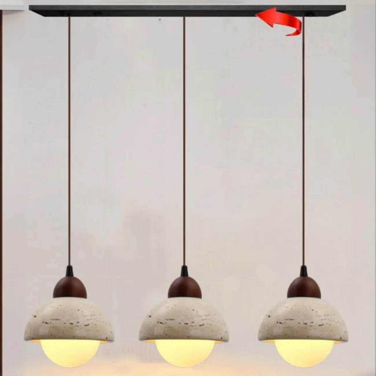 Lampada a sospensione moderna a 3 luci in legno di noce e cilindro di pietra