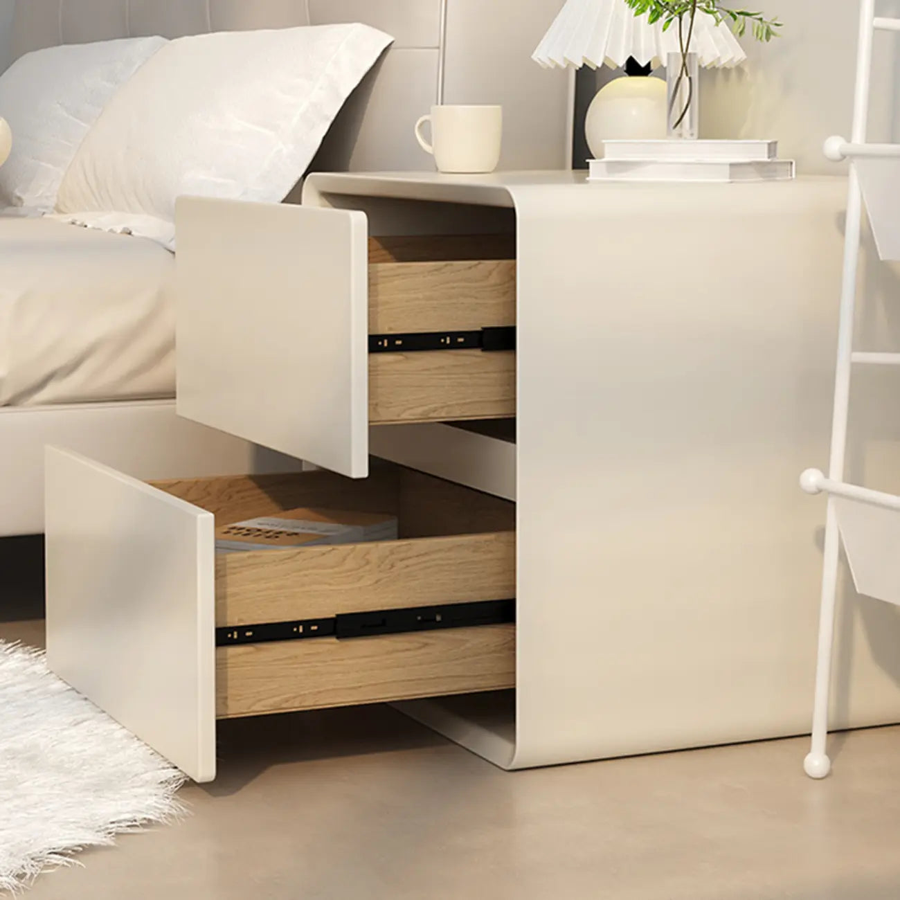 Table de chevet moderne couleur crème avec deux tiroirs de rangement