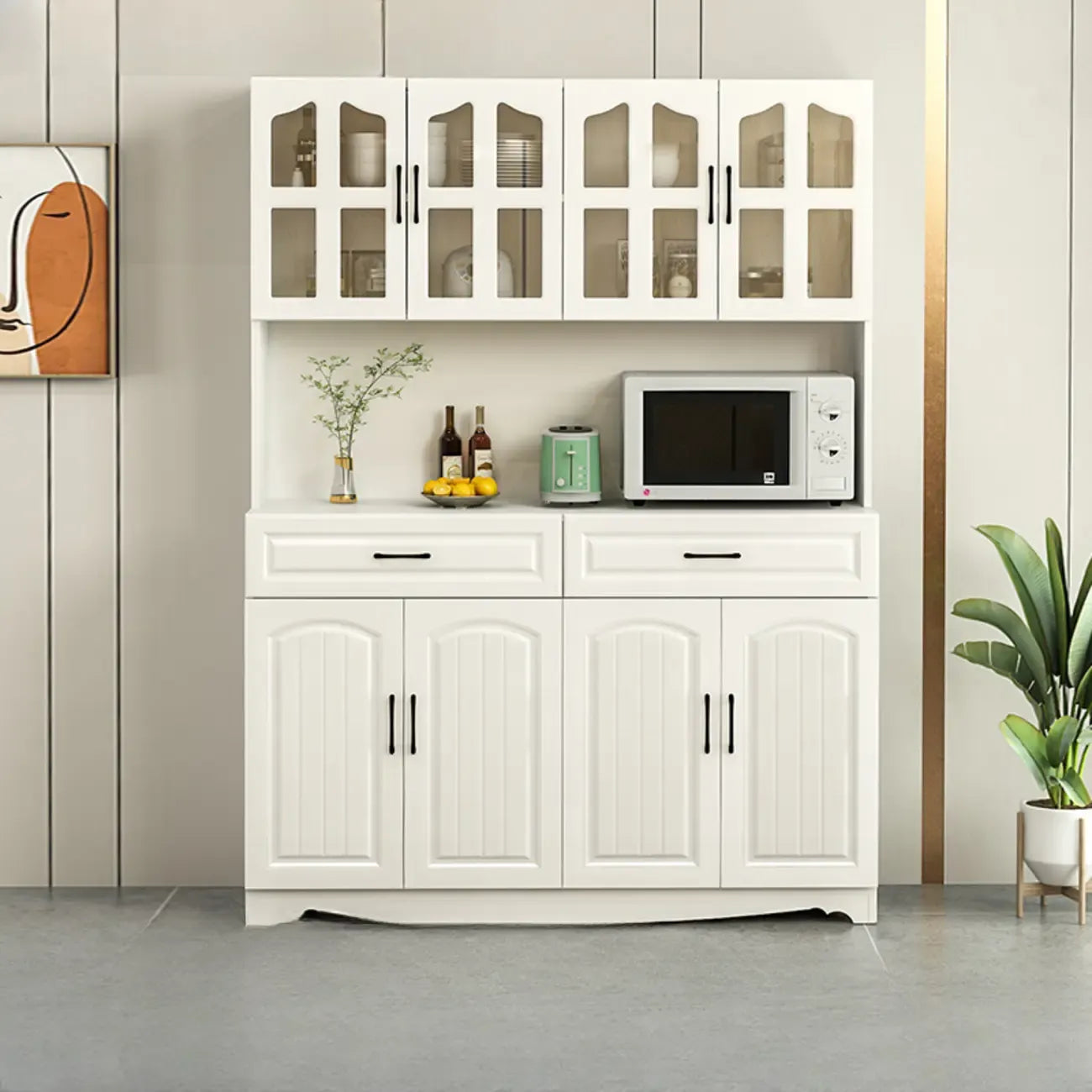 Buffet de cuisine en bois à plusieurs compartiments de rangement avec support pour micro-ondes